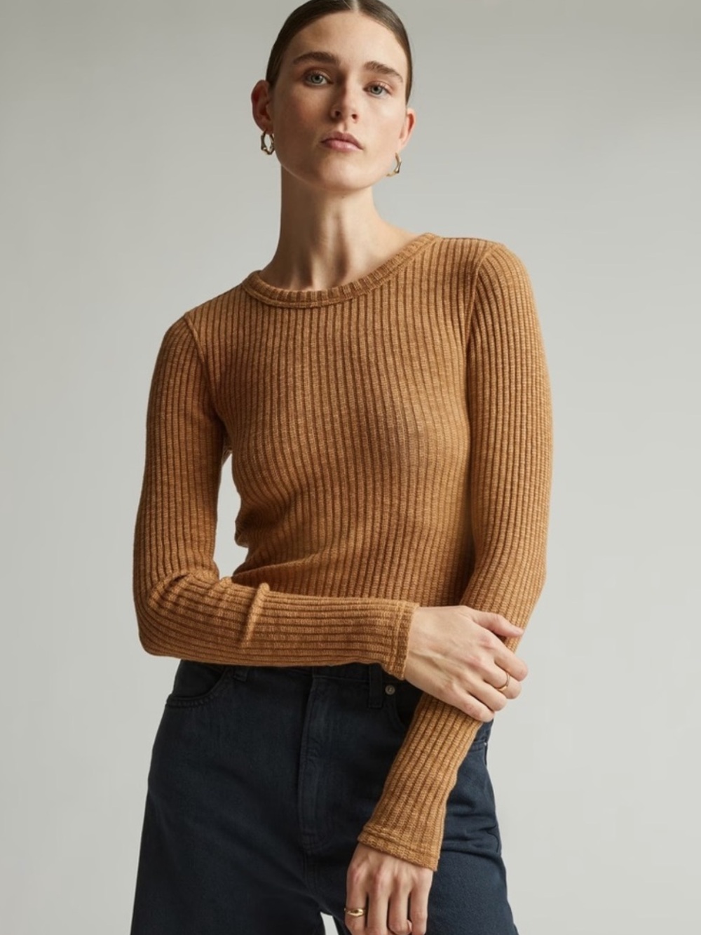 Everlane The Cozy Rib Long-Sleeve Tee Crew Neck Sweater in Cappuccino Size XL